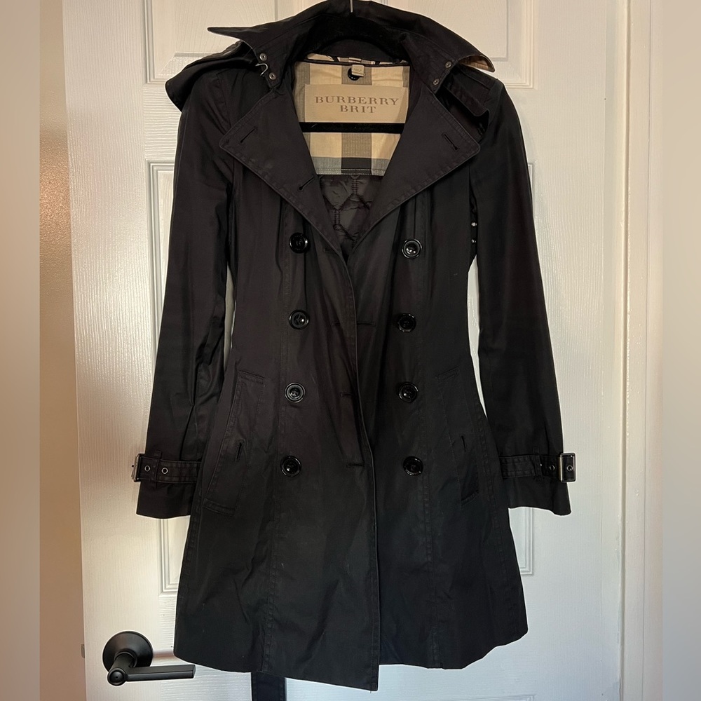 Burberry Brit Trench Coat with Detachable Hood and lining. Size 2